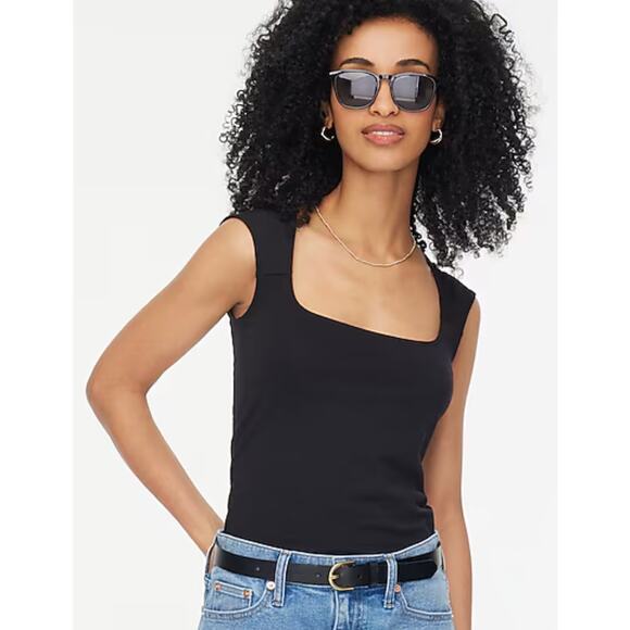 J.Crew Factory | NWT Cap-sleeve stretch cotton-blend squareneck top Black  Sz XS - Picture 1 of 9